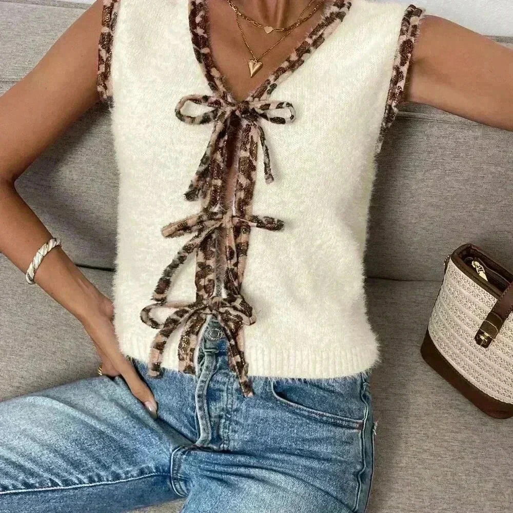 Multicolor Casual Women's Patchwork Leopard Print V-Neck Lace-Up Knitted Vest
